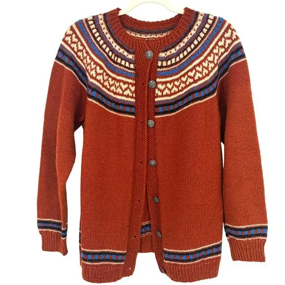 Handmade Hand Knit Women's Rusty Orange Fair Isle Cardigan Sweater Size Medium - Picture 1 of 7